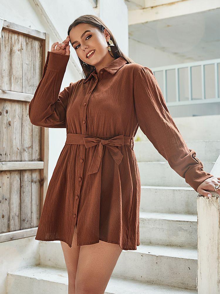 

Plus Size Dresses Simplee Long Sleeve Lapel Women Dress Casual High Waist Lace Up 4XL Cotton Solid Oversize Belt Mini, Auburn