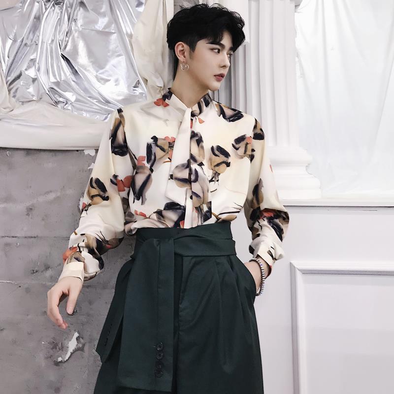 

Summer Korea Elegant Man Chiffon Shirt Top Gentle Vintage Preppy Style Handsome Sunshine Boy Harajuku Printing Punk Chic Men's Casual Shirts