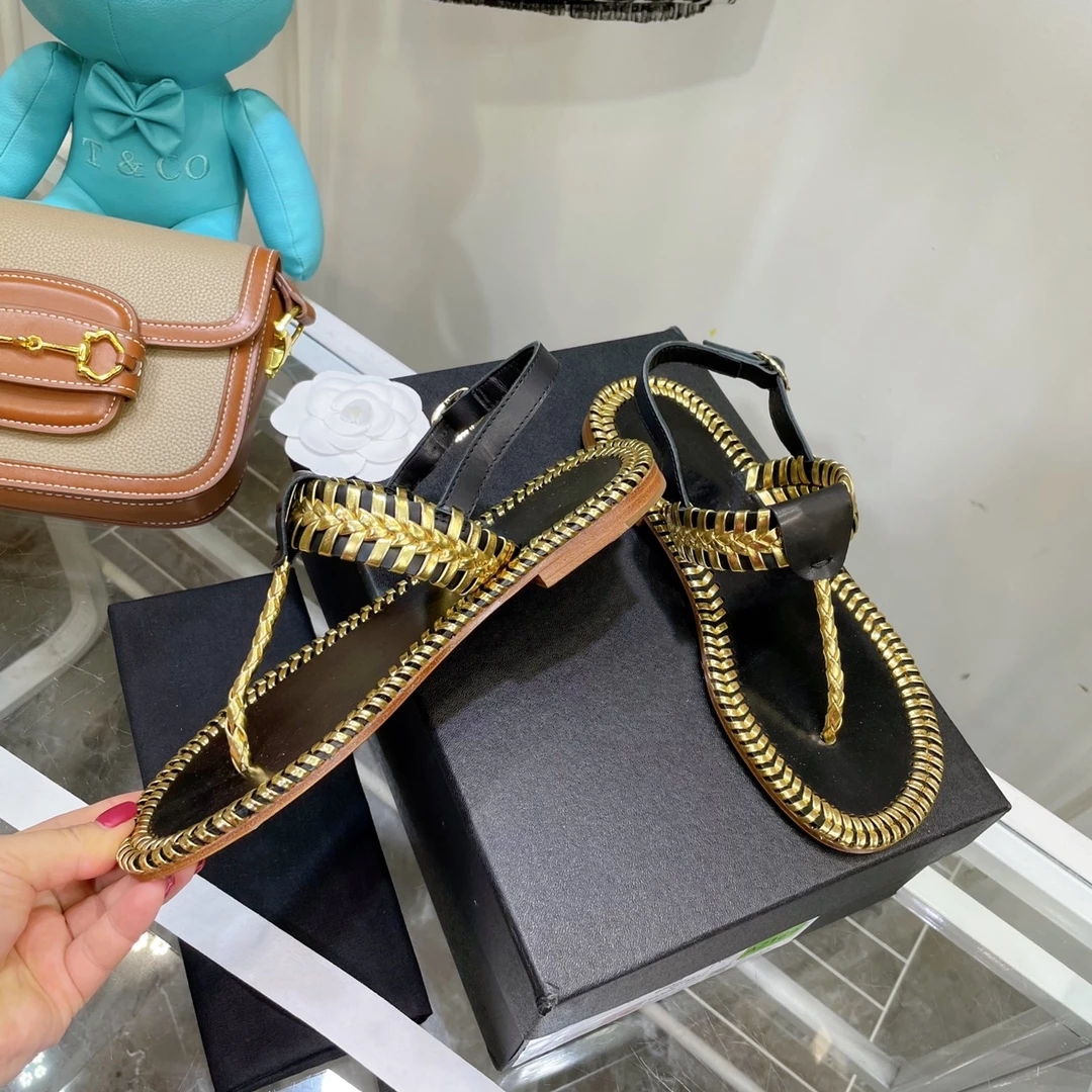 

Genuine Leather Thong Sandals Low Heels Weave Roman Flats Designer Shoes Summer Beach Buckle Strap Zapatillas Mujer, As pic