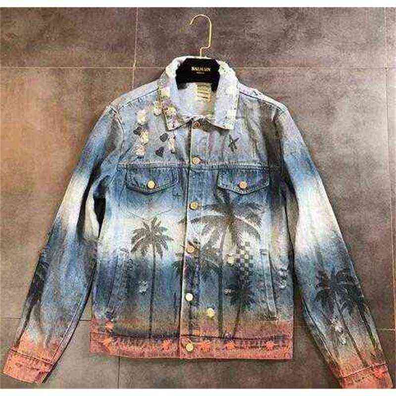 

Fashiondemon Autumn New Men' Women' Clothing Denim Jacket Coat Washed Hole Frayed Outerwear Vintage Coconut Palm Print Hip Hop Jackets 1p1, Blue