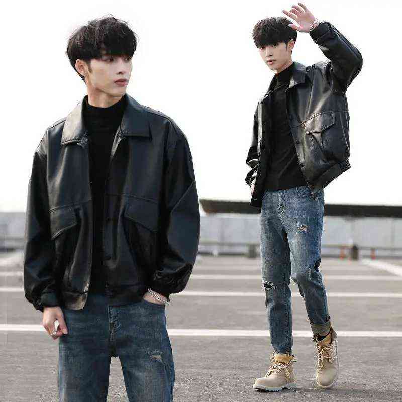 

2021 Mens Loose Leather Jacket Motorcycle Biker Black Coat Fashion Male Single-Breasted Casual Bomber Outwear Jaqueta Masculina T220728, Black thin