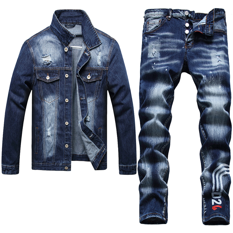 

Ripped Slim Fit Mens Two Piece Set 2022 Tracksuits Casual Denim Jacket and Stretch Paint Splatter Jeans Autumn Letter Print 2pcs Jeans Sets, Jacket and jeans k3112.1094
