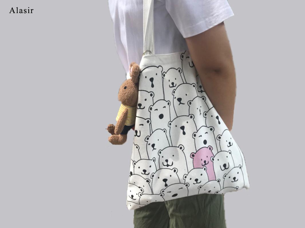 

Evening Bags Alasir Color-changing Cute Bear Canvas Bag Ins Shoulder Women Inner Phone Call Exotic Totebag, White