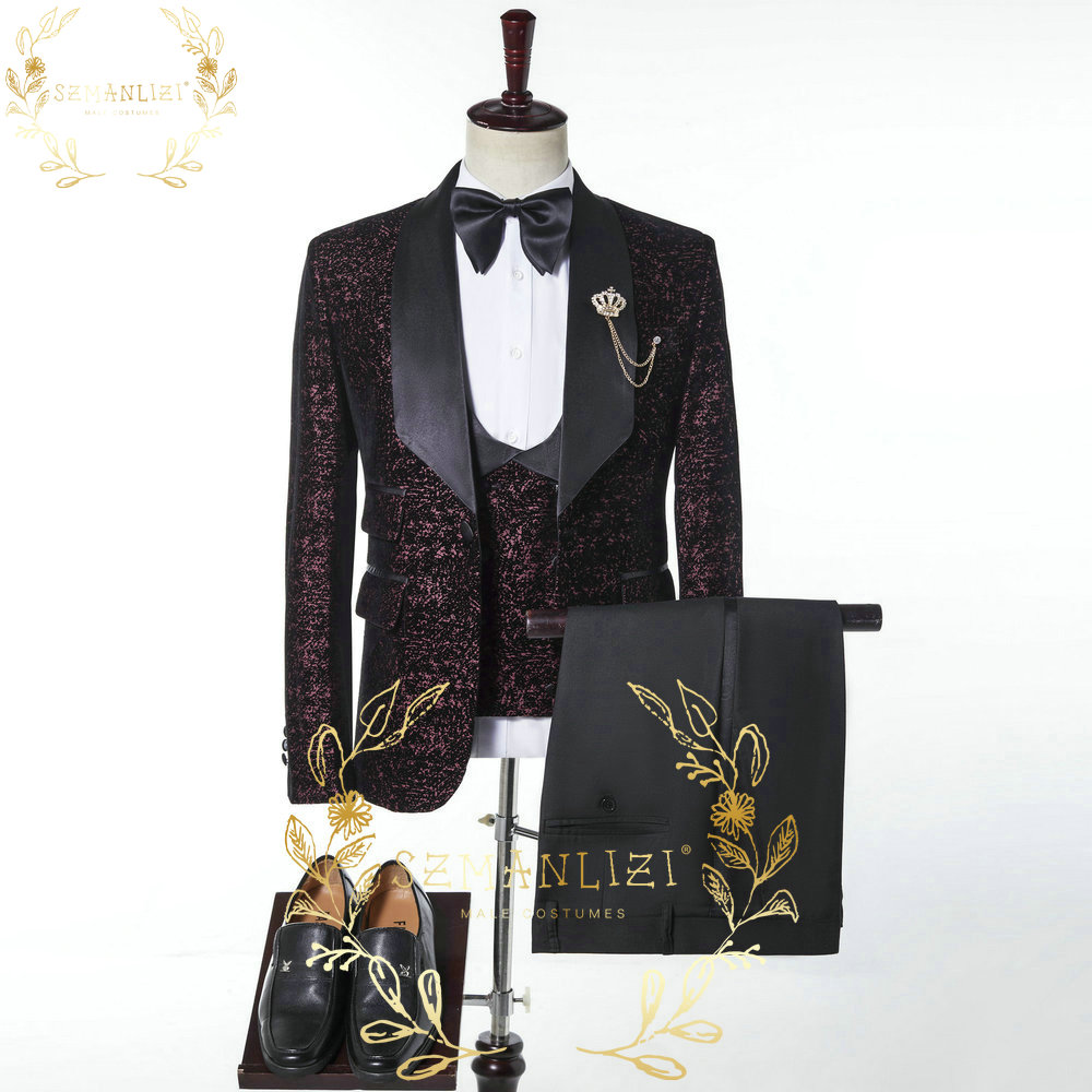 

SZMANLIZI 2022 High Quality Burgundy 3 Pieces Jacket Vest Pants Men Suits For Groom Wedding Tuxedo Formal Blazer Terno Masculino, Same as image