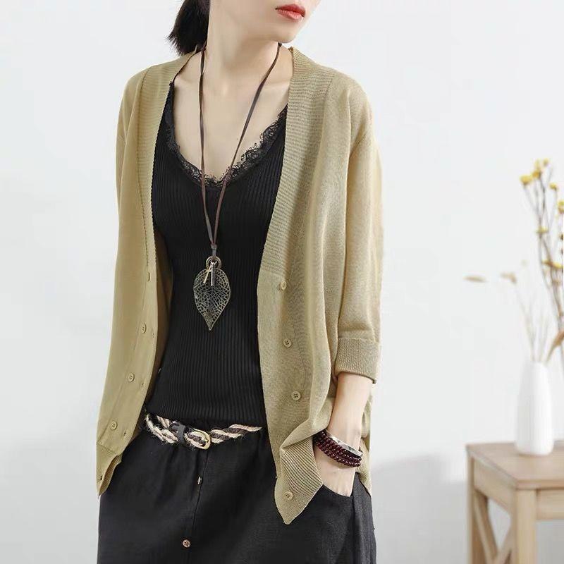 

Women's Knits & Tees V-neck Knitted Cardigan Women's 2022 Summer Wear Thin Loose Air Conditioning TopWomen's, Green