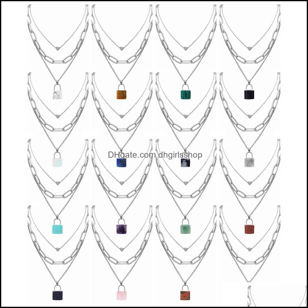 

Pendant Necklaces Pendants Jewelry Sier Chain Layered Gemstone Lock Necklace Chunky Punk Choker Cuban Link State Dhe9D