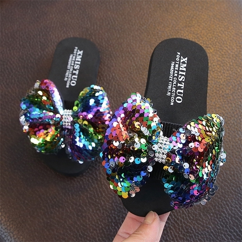 

Fashion Sequin Bow Princess Shoes Children Beach Slipper Girl Sandals Flats Nonslip Soft Kids Slippers 220617, Pink