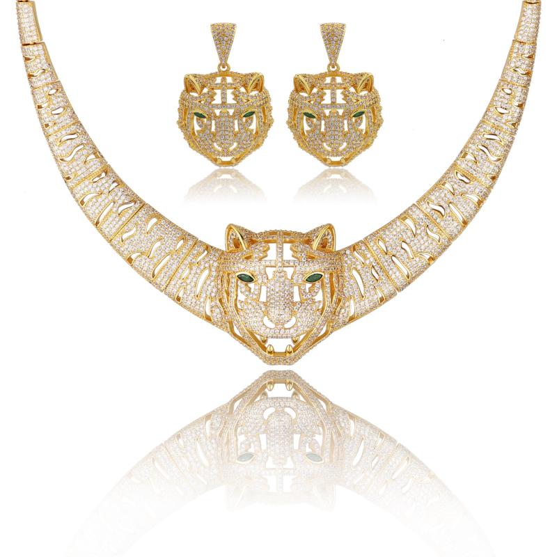 

Earrings & Necklace Luxurious Big Size Women And Men Tiger Shape Wedding & Earring Jewelry Sets High Gold Cooper Zircon SetEarrings, As pic