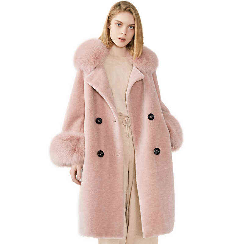 

Real Sheep Fur Coat Long Style Camel Wool Coat Oversized Winter Women Fox Fur Coats J220727, Pink