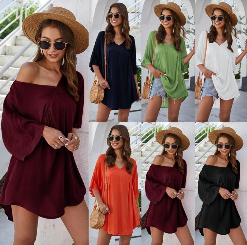 

Women' T-Shirt Casual Long European And American V-neck Short-Sleeved Shirt Female Green Black White Wine Red Navy Blu