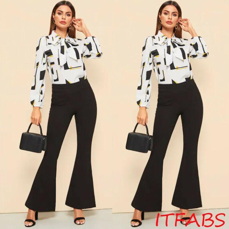 

Women' Blouses & Shirts Fashion Women Shirt Elegant Printed Blouse Long Sleeve Bow Baggy Tops Lapel Bowknot, White