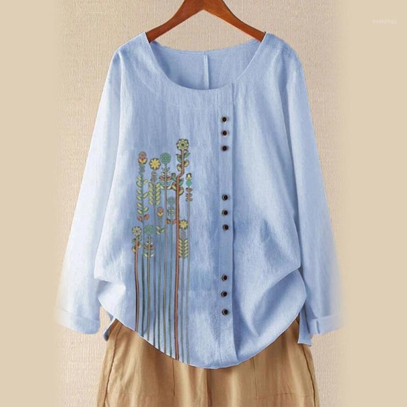 

Women's Blouses & Shirts 2022 Autumn Pullovers Full Sleeve Linen Cotton Blouse Print Loose Casual Tops Women Plus Size M-5XL Female Streetwe, Dark blue