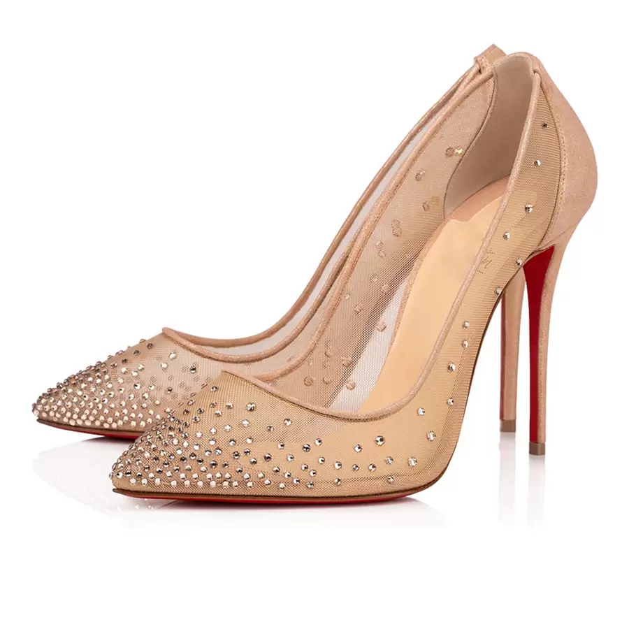 

[With Box]Senior Women's Red Bottom Sandals Pumps Summer Follies Strassita 100 mm Elegant Lady Wedding Party Classic Pointed Toes Mesh Leather High Heels Sandal EU 35-43