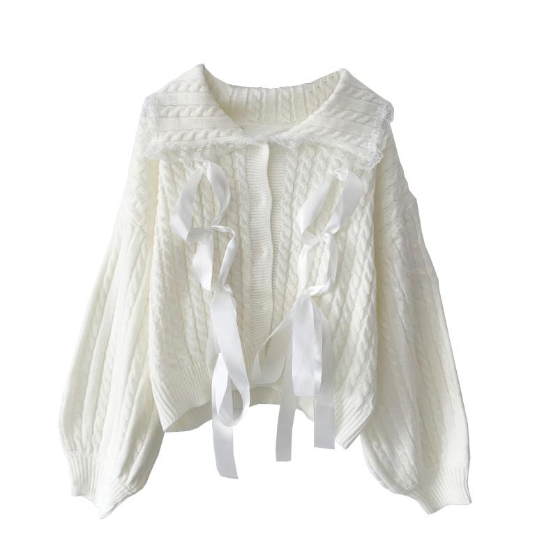 

Women's Knits & Tees Korean Fashion Women Sweater Winter Chic Lace Button-down Bandage Knitted Cardigan Female Vintage Kawaii White Jumper O
