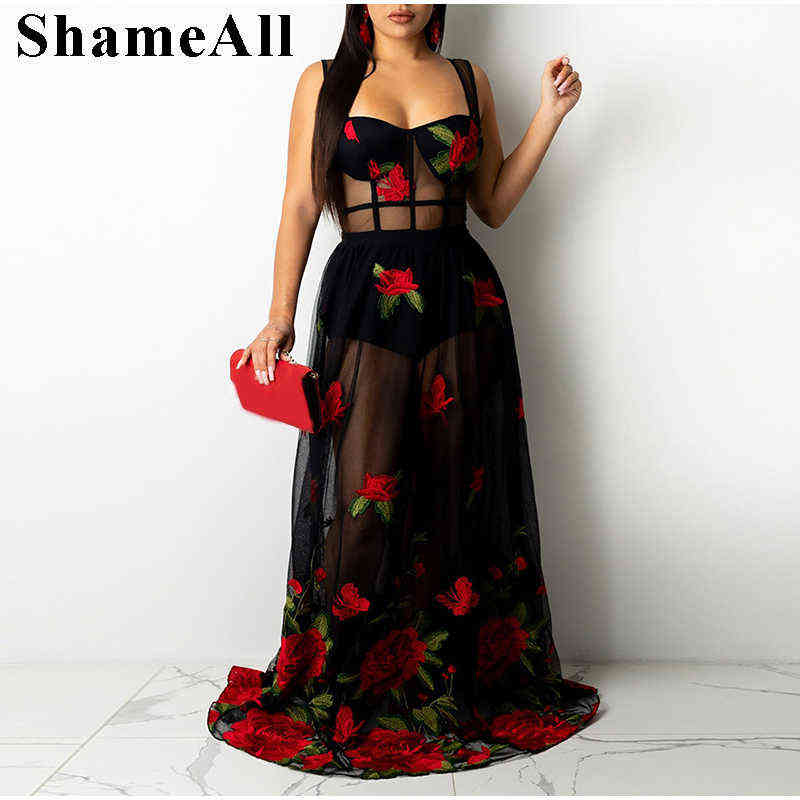 

Plus Size Rose Floral embroidery See Through sling Mesh Dress XL Transparent Tulle Sexy Club Party Spaghetti Strap Black Dress L220601