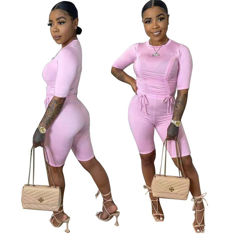 

Women' Tracksuits Pink O Neck Short Sleeve Crop Top And 2 Pieces Set Casual Lady Fashion High Street OutfitsWomen