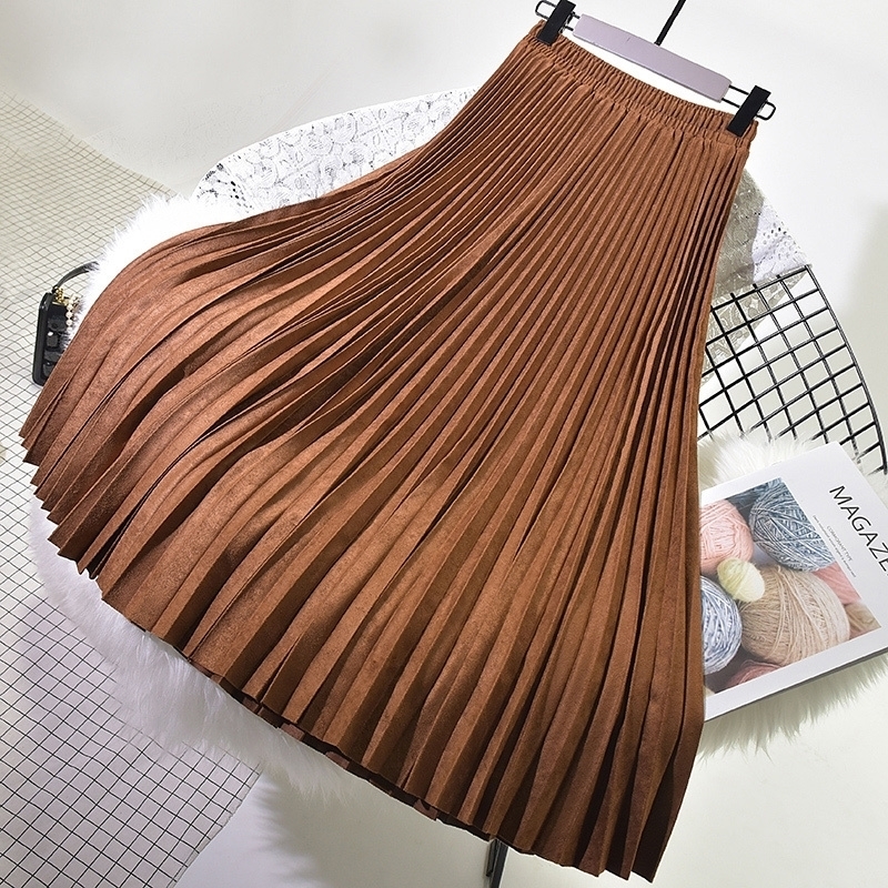 

Autumn Winter Women suede skirt High Waist casual Vintage Pleated skirt female Korean Skirt female elegant long Skirts Y200326, Brown
