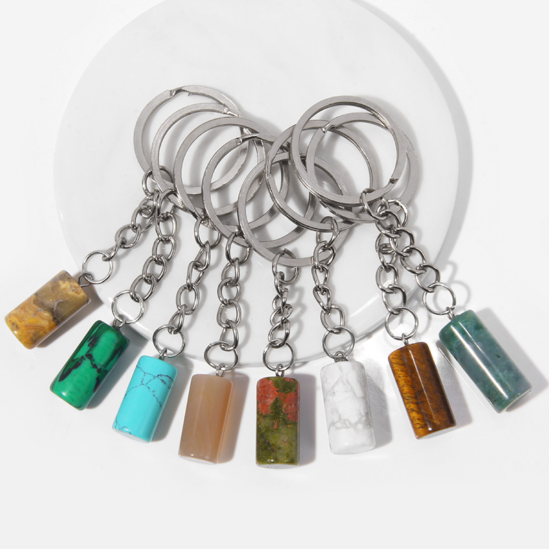 Cylinder Natural Stone Keychain Agates Pendant Key Ring For Women Men Car Key Holder Handbag Hangle Accessories Jewelry