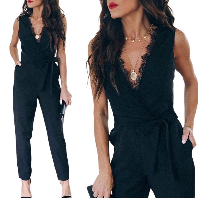 women's Jumpsuits & Rompers Clothes 2021 Women Pocket Lace V Neck Sleeveless Jumpsuit Playsuit Drop S1Nv#-image-790032305