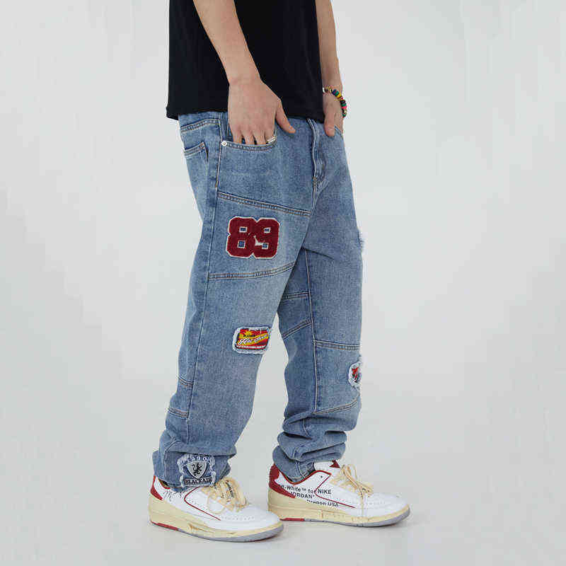 

Patch Car Letters Design Embroidered Jeans Men Hip-hop Loose Straight-leg Pants Stitching Casual Streetwear Baggy Denim Trousers T220803, White