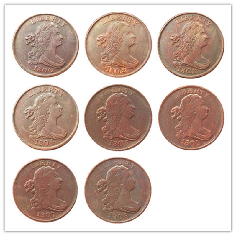 

US A set of(1800-1808) 8pcs Draped Bust Half Cent Copper Craft Copy Decorate Coin Ornaments home decoration accessories