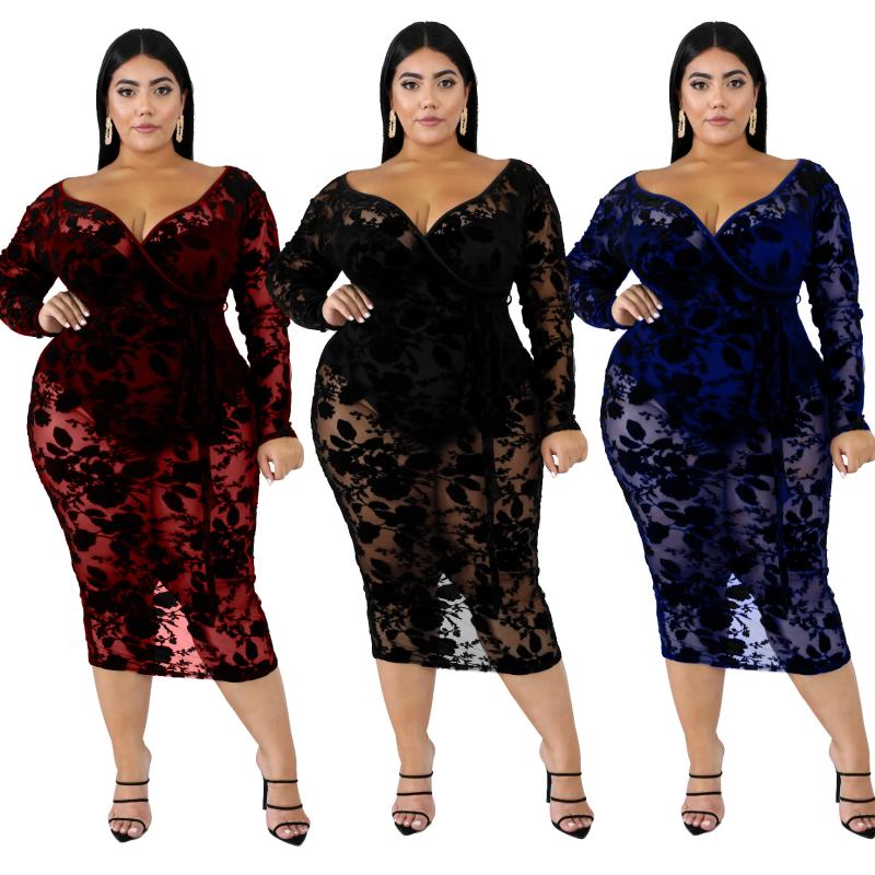 

Plus Size Dresses 2022 Summer Spring And Oversized Women's V-Chest Long-Sleeved Senior Flocking Leisure Home Lace Dress, Black