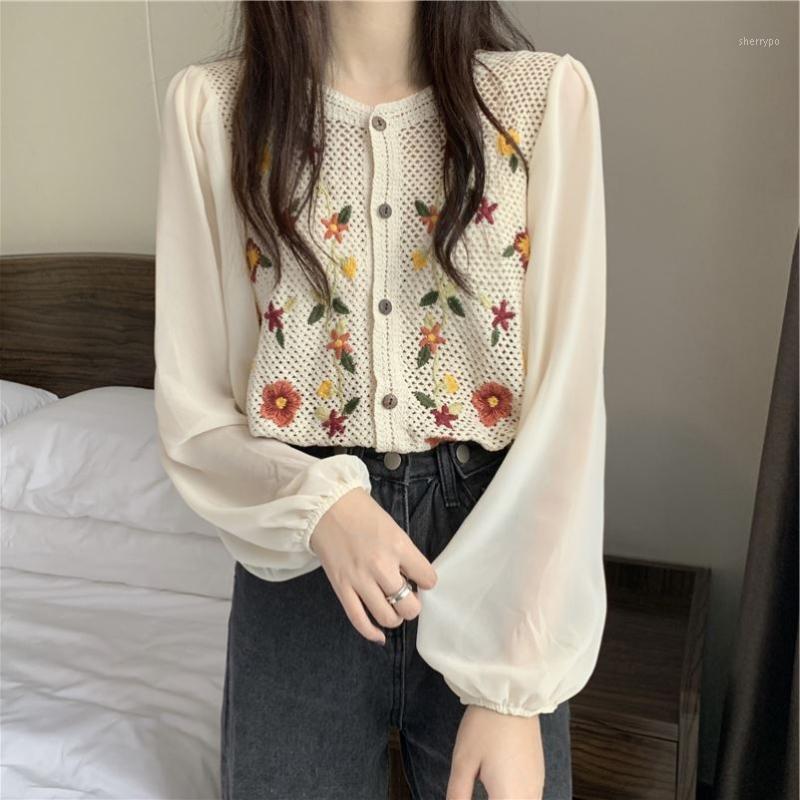 

Women's Blouses & Shirts Spring Style French Retro Temperament Crochet Hollow Small Daisy Embroidery Loose V-neck Chiffon Shirt Blouse, White