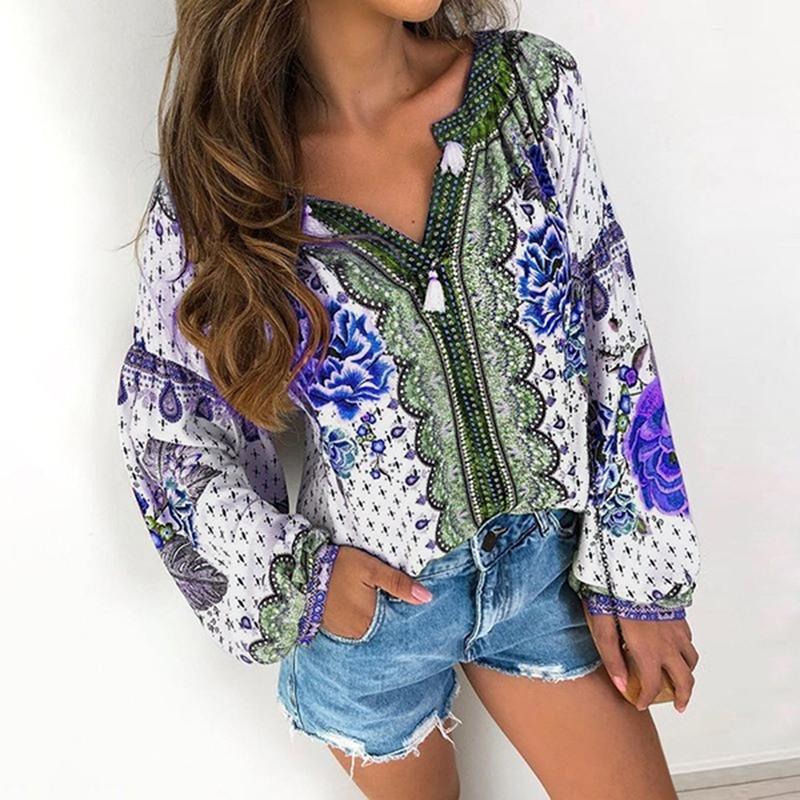 

Bohemia Floral Print Blouse Autumn Women Long Sleeve Shirts Casual Loose V-neck Tops Ladies Lantern Clothes Women' Blouses, Red