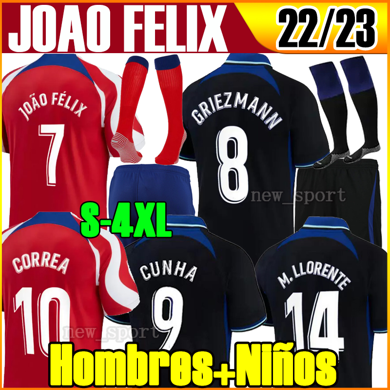 

4XL 22 23 JOAO FELIX Soccer Jerseys home AWAY BLACK GRIEZMANN CUNHA 2022 2023 M. Llorente CORREA KOKE CARRASCO Men kids socks full sets Football Shirt Atletico MadridS, 22 23 away