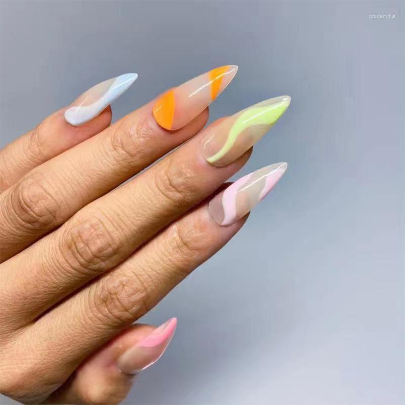 

False Nails 24pcs Boxed Candy Color Wave Line Long Stiletto Press On Designs Full Cover Fashion Artificial Nail Art Tip Set Prud22