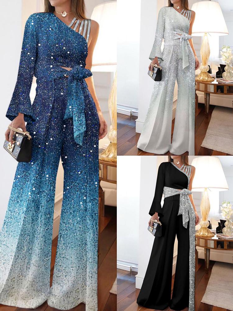 

Women' Two Piece Pants Party Off Shoulder Sexy Suits Outfits Women Lace Up Print Crop Top Wide Leg 2pc Sets Ladies Tops Long Pant Two-Piece, Black