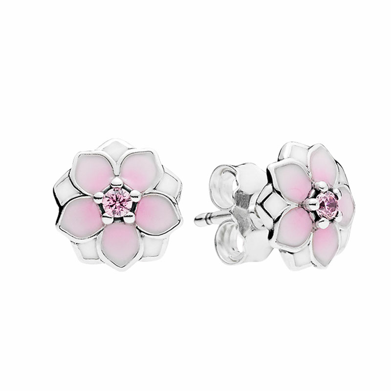 

Pink cherry blossoms Stud Earrings Authentic 925 Sterling Silver Women Girls Wedding Gift with Original box for Pandora flower earrings