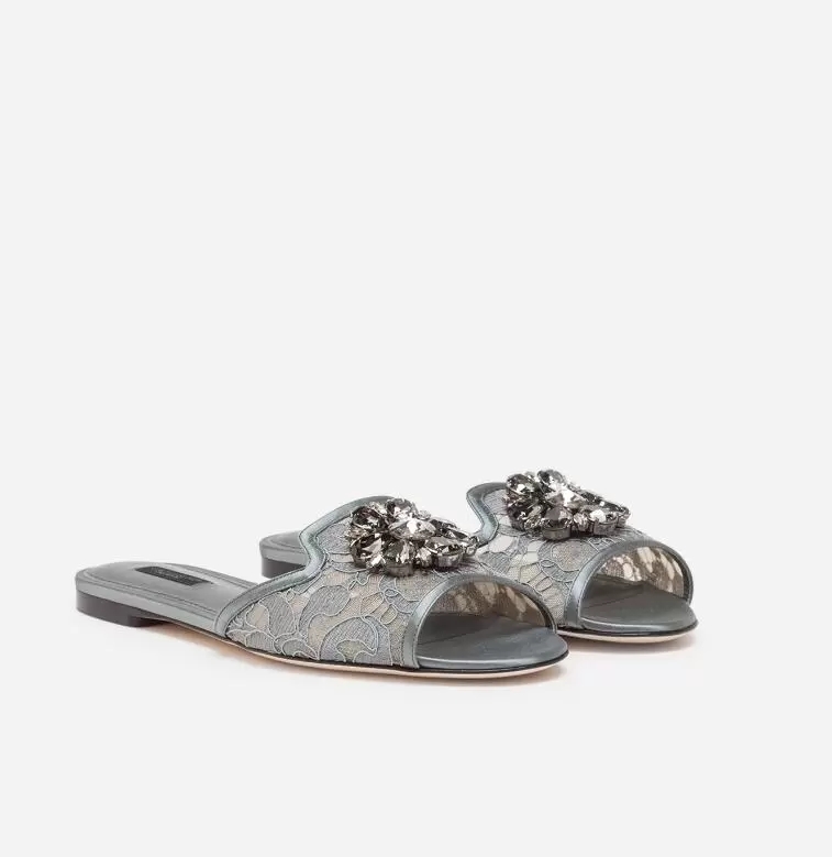 

Brand Wholesale Lace Leather Sandals Flats Women's Slides Flower Crystals Slippers Outdoor Lady Beach Casual Ladies Comfort Walking Shoes EU35-43