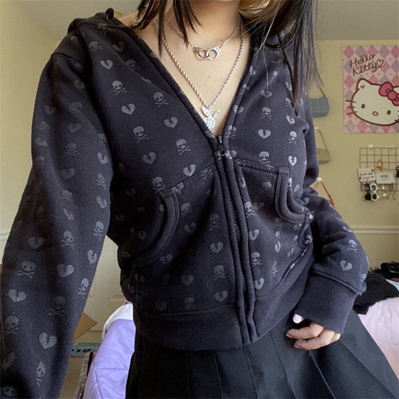 90s Vintage Skulls Print Black Sweatshirt Zipper Long Sleeve Autumn Hoodies Fairycore Grunge Jackets Retro Harajuku Winter Coat 220721