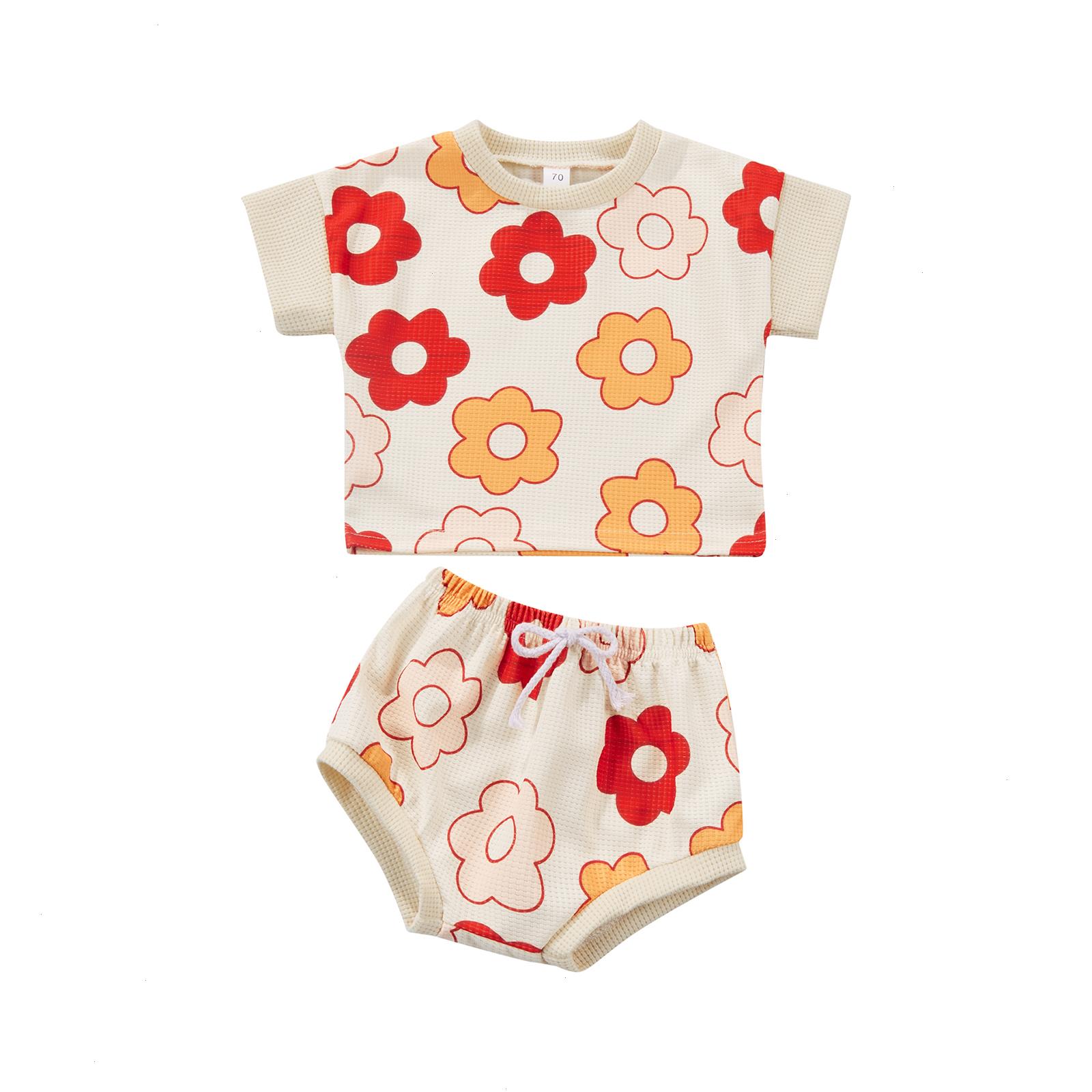 

0-3.5ycute Baby Girls Clothing Set Toddlers Summer Creative Flower Printing Patch Round Collar Short Sleeve Tops Shorts, As picture