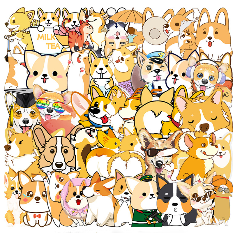 

50pcs Wholesale Pet Dog Corgi Stickers Cute Cartoon Waterproof Vinyl Graffiti Sticker For Laptop Water Bottles Car Notebook Decor