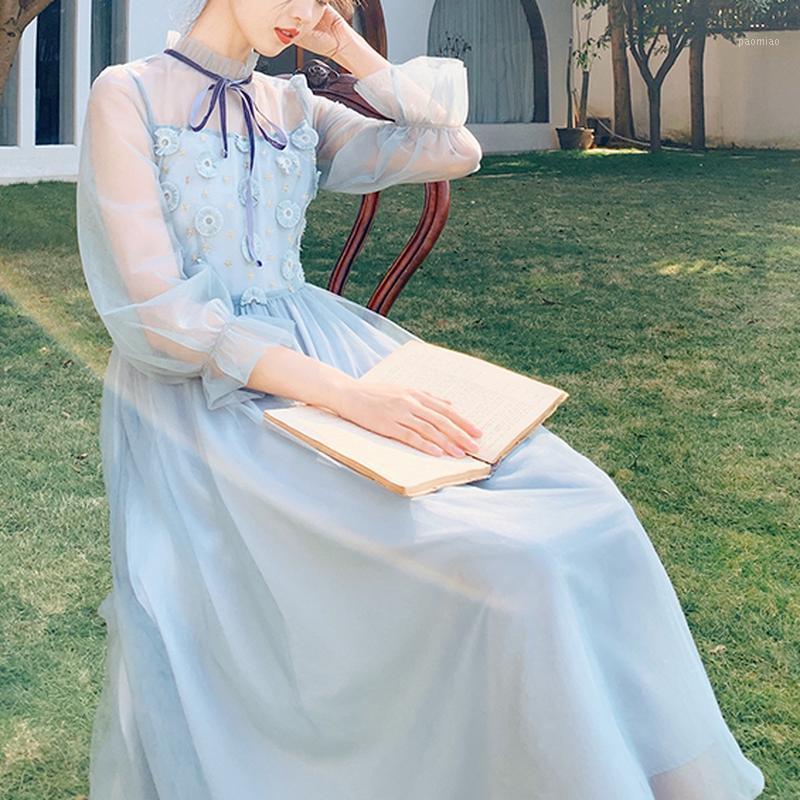 

Casual Dresses Fresh Embroidery Lace Up Fairy Women 2022 High Waist Patchwork Woman Dress French Style Romantic Mesh Slim Robe Femme, Blue