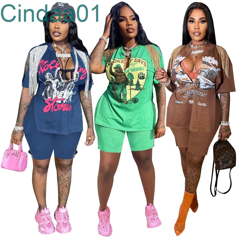 

Summer Plus Size Women Clothing New Print Tracksuits Woman Hip Hop Street Split Tassel Short Sleeve T-shirt Shorts Set, Brown