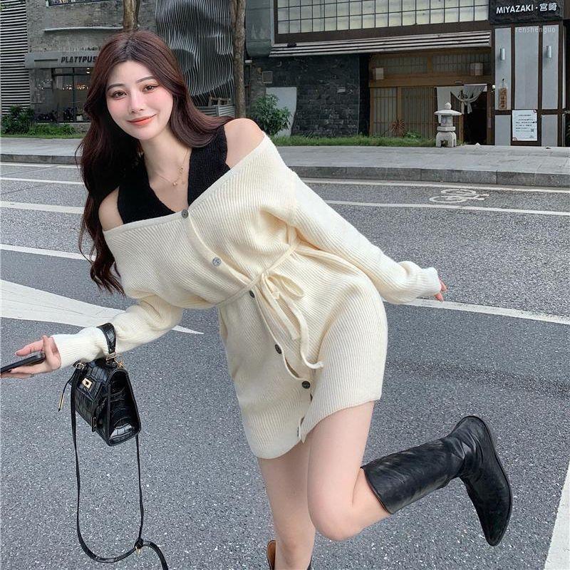 

Casual Dresses Spot China Winter Women' Careful Machine Design Sense Of False Two Color Shoulder Breasted Lace Sweater Dress, Red