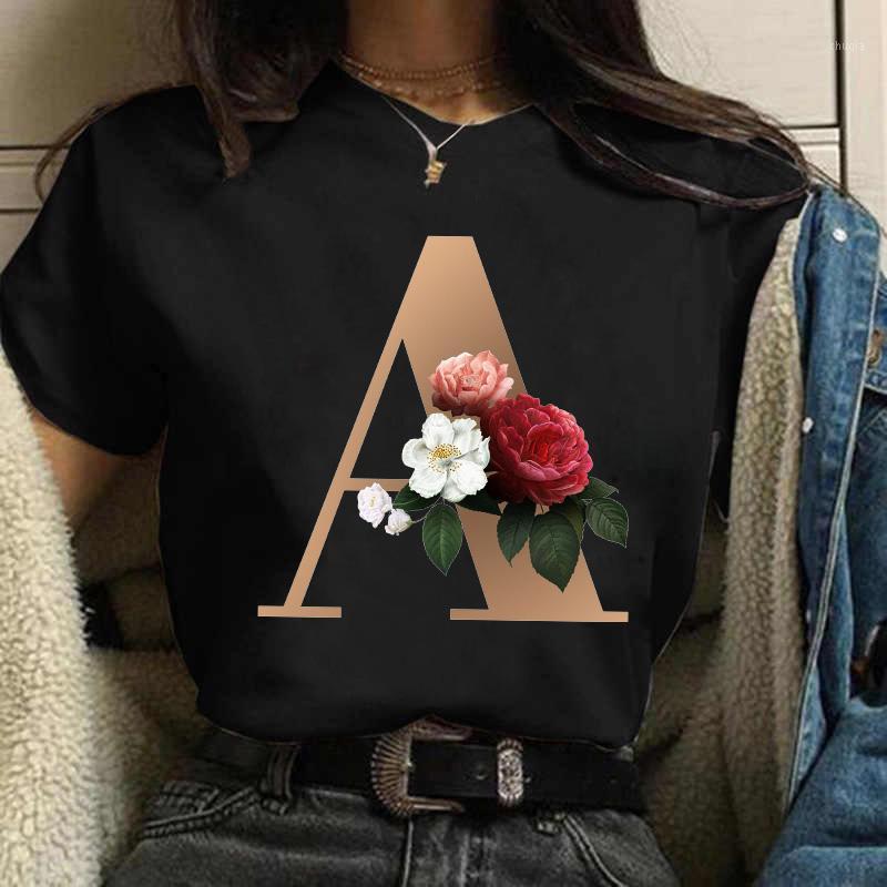 

Women' T-Shirt WVIOCE Fashion Flower Letter Print Black Female Loose Short Sleeve Top Harajuku Street Women White Clothes 4212, 4214-black