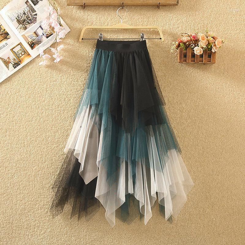 

Skirts Women Irregular Mesh Pleated Skirt Elastic Waist Patchwork 2022 Spring Summer Elegant Romantic Girls Long Saias, Purple-skirt