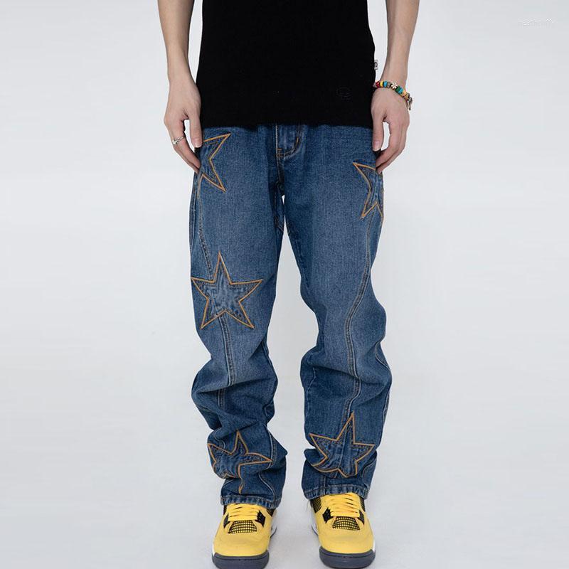

Men's Jeans Embroidery Men Hip Hop Pentagram Patchwork Straight Denim Pants Mens High Street Oversized Loose Wide Leg Trousers UnisexMen's H, White