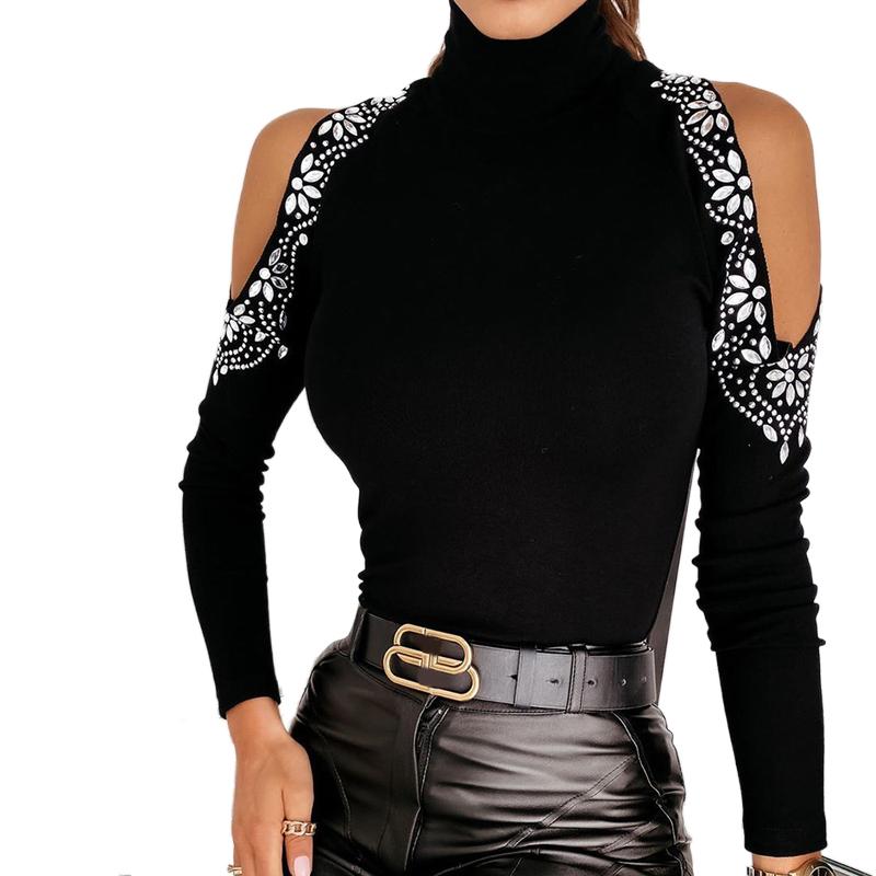 

Women' T-Shirt Women Cold Shoulder Slim Fit Blouse Female Ladies Pullovers Fitness Half High Collar Floral Print Fashion Autumn Winter Tops, Black