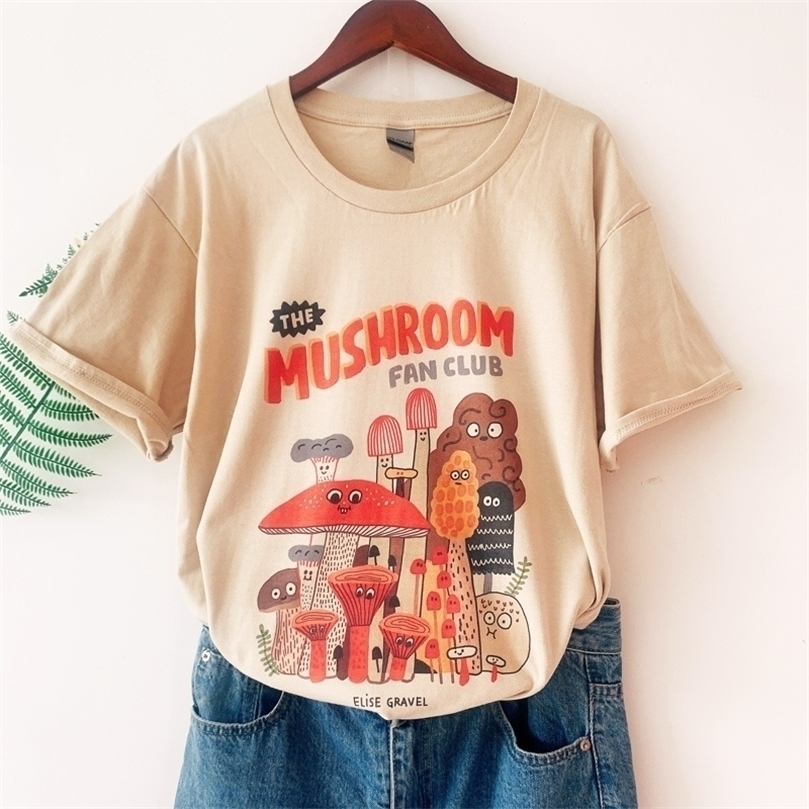 

VIP HJN Cotton Material Retro Apricot Mushroom Fan Club Cute T Shirts Casual Summer Woman Tshirts Fashion Streetwear Clothes 220527, Khaki-frogs