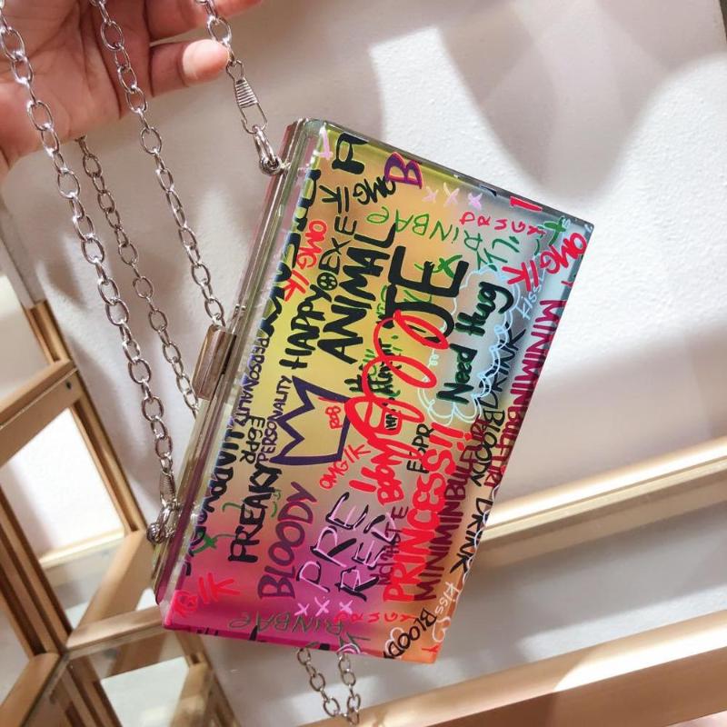 

Evening Bags Fashion Graffiti Box Women Shoulder Designer Chains Crossbody Bag Luxury Transparent Pvc Clutch Female Party Purses