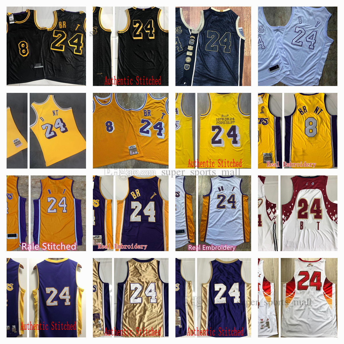 

Authentic Stitched Retro Mitchell and Ness Basketball Jerseys #24 #8 Jersey Yellow Black Man Size S-XXL, As picture