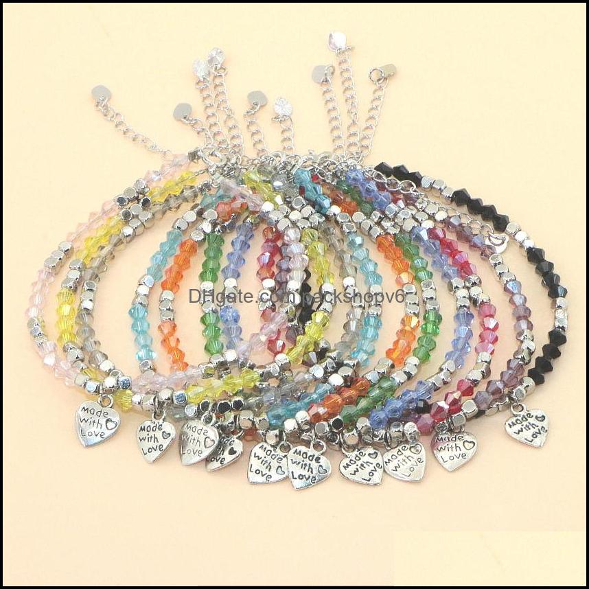 Brins de perles sweet 4 mm de perles cristaux bracelet anklet alliage accessoires coeur pendant femme fille de Noël cadeau de mariage en gros p d