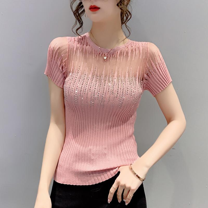 

Women's T-Shirt Diamonds Thin Knitted T Shirt Female Hollow Out 2022 Fashion Women Summer Sexy Tops Bright Wire Tee Femme Woman ClothesWomen, Black