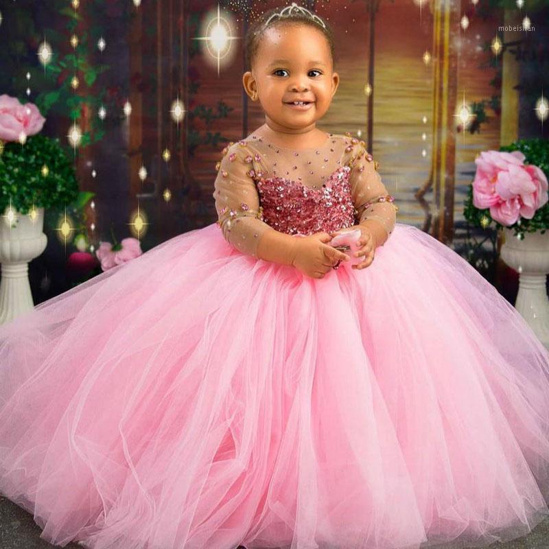 

Girl's Dresses Crystal Pink Flower Girls 2022 Jewel Neck Mesh Long Sleeve Birthday Communion Children Littler Kids Pageant Gowns, Orange