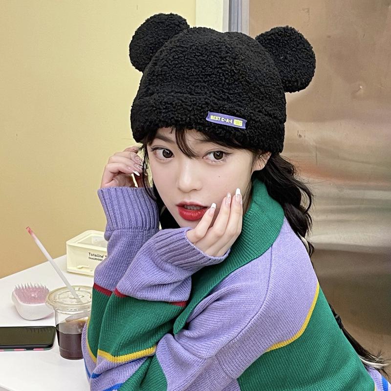 

Beanie/Skull Caps Kpop Cute Little Bear Ear Women's Hat Short Furry Wool Beanie Winter Thicken Warm Protect Bucket CapsBeanie/Skull, Blue